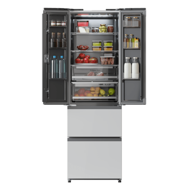 Bolero CoolMarket Combi F2D 400 White Glass E Frigorífico Combi French Door 4 Puertas Cristal Blanco, Capacidad de 400 Litros, Ancho de 60 cm y alto de 191 cm, Sistema Total NoFrost, Max Inside, Distribución de frío Multi AirFlow, Display Digital Exterior, Cajones para fruta y verdura, Clase E, Compresor Inverter de bajo consumo y silencioso, Fast Cooling, Fast Freezer, Modo ECO