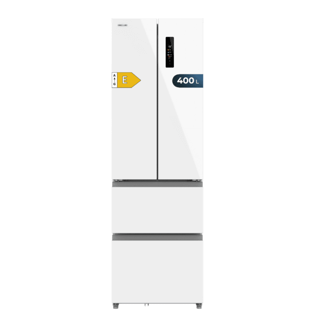 Bolero CoolMarket Combi F2D 400 White Glass E Frigorífico Combi French Door 4 Puertas Cristal Blanco, Capacidad de 400 Litros, Ancho de 60 cm y alto de 191 cm, Sistema Total NoFrost, Max Inside, Distribución de frío Multi AirFlow, Display Digital Exterior, Cajones para fruta y verdura, Clase E, Compresor Inverter de bajo consumo y silencioso, Fast Cooling, Fast Freezer, Modo ECO