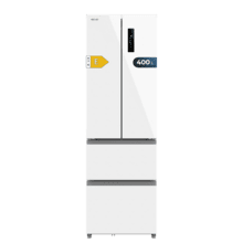 Bolero CoolMarket Combi F2D 400 White Glass E Frigorífico Combi French Door 4 Puertas Cristal Blanco, Capacidad de 400 Litros, Ancho de 60 cm y alto de 191 cm, Sistema Total NoFrost, Max Inside, Distribución de frío Multi AirFlow, Display Digital Exterior, Cajones para fruta y verdura, Clase E, Compresor Inverter de bajo consumo y silencioso, Fast Cooling, Fast Freezer, Modo ECO