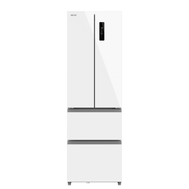 Bolero CoolMarket Combi F2D 400 White Glass E Frigorífico Combi French Door 4 Puertas Cristal Blanco, Capacidad de 400 Litros, Ancho de 60 cm y alto de 191 cm, Sistema Total NoFrost, Max Inside, Distribución de frío Multi AirFlow, Display Digital Exterior, Cajones para fruta y verdura, Clase E, Compresor Inverter de bajo consumo y silencioso, Fast Cooling, Fast Freezer, Modo ECO