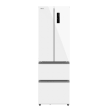 Bolero CoolMarket Combi F2D 400 White Glass E Frigorífico Combi French Door 4 Puertas Cristal Blanco, Capacidad de 400 Litros, Ancho de 60 cm y alto de 191 cm, Sistema Total NoFrost, Max Inside, Distribución de frío Multi AirFlow, Display Digital Exterior, Cajones para fruta y verdura, Clase E, Compresor Inverter de bajo consumo y silencioso, Fast Cooling, Fast Freezer, Modo ECO