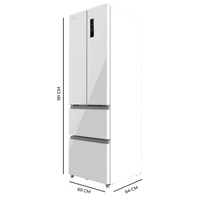 Bolero CoolMarket Combi F2D 400 White Glass E Frigorífico Combi French Door 4 Puertas Cristal Blanco, Capacidad de 400 Litros, Ancho de 60 cm y alto de 191 cm, Sistema Total NoFrost, Max Inside, Distribución de frío Multi AirFlow, Display Digital Exterior, Cajones para fruta y verdura, Clase E, Compresor Inverter de bajo consumo y silencioso, Fast Cooling, Fast Freezer, Modo ECO