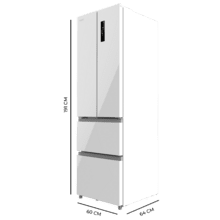 Bolero CoolMarket Combi F2D 400 White Glass E Frigorífico Combi French Door 4 Puertas Cristal Blanco, Capacidad de 400 Litros, Ancho de 60 cm y alto de 191 cm, Sistema Total NoFrost, Max Inside, Distribución de frío Multi AirFlow, Display Digital Exterior, Cajones para fruta y verdura, Clase E, Compresor Inverter de bajo consumo y silencioso, Fast Cooling, Fast Freezer, Modo ECO