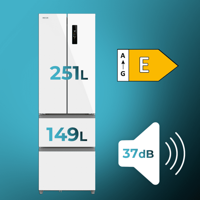 Bolero CoolMarket Combi F2D 400 White Glass E Frigorífico Combi French Door 4 Puertas Cristal Blanco, Capacidad de 400 Litros, Ancho de 60 cm y alto de 191 cm, Sistema Total NoFrost, Max Inside, Distribución de frío Multi AirFlow, Display Digital Exterior, Cajones para fruta y verdura, Clase E, Compresor Inverter de bajo consumo y silencioso, Fast Cooling, Fast Freezer, Modo ECO