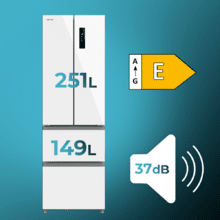 Bolero CoolMarket Combi F2D 400 White Glass E Frigorífico Combi French Door 4 Puertas Cristal Blanco, Capacidad de 400 Litros, Ancho de 60 cm y alto de 191 cm, Sistema Total NoFrost, Max Inside, Distribución de frío Multi AirFlow, Display Digital Exterior, Cajones para fruta y verdura, Clase E, Compresor Inverter de bajo consumo y silencioso, Fast Cooling, Fast Freezer, Modo ECO