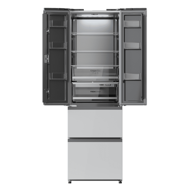 Bolero CoolMarket Combi F2D 400 White Glass E Frigorífico Combi French Door 4 Puertas Cristal Blanco, Capacidad de 400 Litros, Ancho de 60 cm y alto de 191 cm, Sistema Total NoFrost, Max Inside, Distribución de frío Multi AirFlow, Display Digital Exterior, Cajones para fruta y verdura, Clase E, Compresor Inverter de bajo consumo y silencioso, Fast Cooling, Fast Freezer, Modo ECO