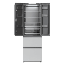 Bolero CoolMarket Combi F2D 400 White Glass E Frigorífico Combi French Door 4 Puertas Cristal Blanco, Capacidad de 400 Litros, Ancho de 60 cm y alto de 191 cm, Sistema Total NoFrost, Max Inside, Distribución de frío Multi AirFlow, Display Digital Exterior, Cajones para fruta y verdura, Clase E, Compresor Inverter de bajo consumo y silencioso, Fast Cooling, Fast Freezer, Modo ECO