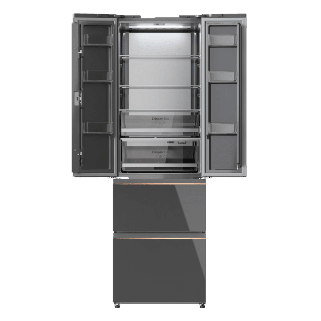 Bolero CoolMarket Combi F2D 400 Grey Glass E Frigorífico Combi French Door 4 Puertas Cristal Gris, Capacidad de 400 Litros, Ancho de 60 cm y alto de 191 cm, Sistema Total NoFrost, Max Inside, Distribución de frío Multi AirFlow, Display Digital Exterior, Clase E, Compresor Inverter de bajo consumo y silencioso, Funciones Fast Cooling, Fast Freezer, Modo ECO, Alarmas puerta abierta, temperatura y fallo de funcionamiento.