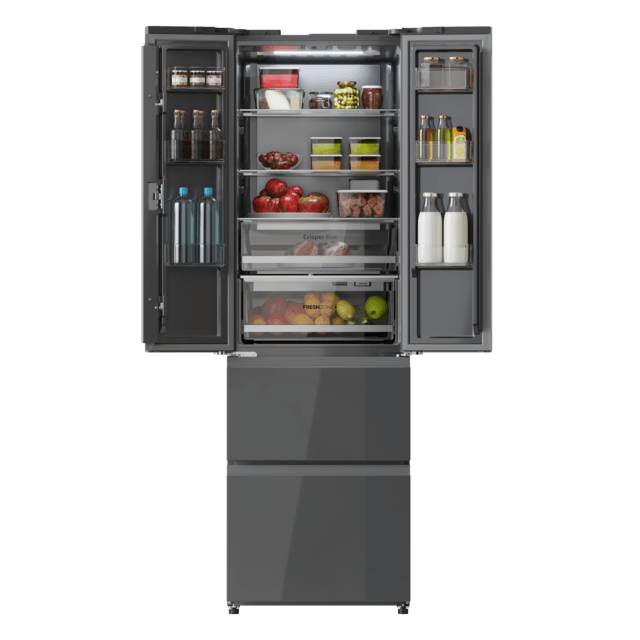 Bolero CoolMarket Combi F2D 400 Grey Glass E Frigorífico Combi French Door 4 Puertas Cristal Gris, Capacidad de 400 Litros, Ancho de 60 cm y alto de 191 cm, Sistema Total NoFrost, Max Inside, Distribución de frío Multi AirFlow, Display Digital Exterior, Clase E, Compresor Inverter de bajo consumo y silencioso, Funciones Fast Cooling, Fast Freezer, Modo ECO, Alarmas puerta abierta, temperatura y fallo de funcionamiento.