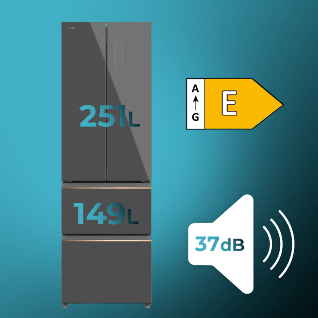 Bolero CoolMarket Combi F2D 400 Grey Glass E Frigorífico Combi French Door 4 Puertas Cristal Gris, Capacidad de 400 Litros, Ancho de 60 cm y alto de 191 cm, Sistema Total NoFrost, Max Inside, Distribución de frío Multi AirFlow, Display Digital Exterior, Clase E, Compresor Inverter de bajo consumo y silencioso, Funciones Fast Cooling, Fast Freezer, Modo ECO, Alarmas puerta abierta, temperatura y fallo de funcionamiento.