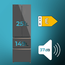 Bolero CoolMarket Combi F2D 400 Grey Glass E Frigorífico Combi French Door 4 Puertas Cristal Gris, Capacidad de 400 Litros, Ancho de 60 cm y alto de 191 cm, Sistema Total NoFrost, Max Inside, Distribución de frío Multi AirFlow, Display Digital Exterior, Clase E, Compresor Inverter de bajo consumo y silencioso, Funciones Fast Cooling, Fast Freezer, Modo ECO, Alarmas puerta abierta, temperatura y fallo de funcionamiento.