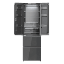 Bolero CoolMarket Combi F2D 400 Grey Glass E Frigorífico Combi French Door 4 Puertas Cristal Gris, Capacidad de 400 Litros, Ancho de 60 cm y alto de 191 cm, Sistema Total NoFrost, Max Inside, Distribución de frío Multi AirFlow, Display Digital Exterior, Clase E, Compresor Inverter de bajo consumo y silencioso, Funciones Fast Cooling, Fast Freezer, Modo ECO, Alarmas puerta abierta, temperatura y fallo de funcionamiento.