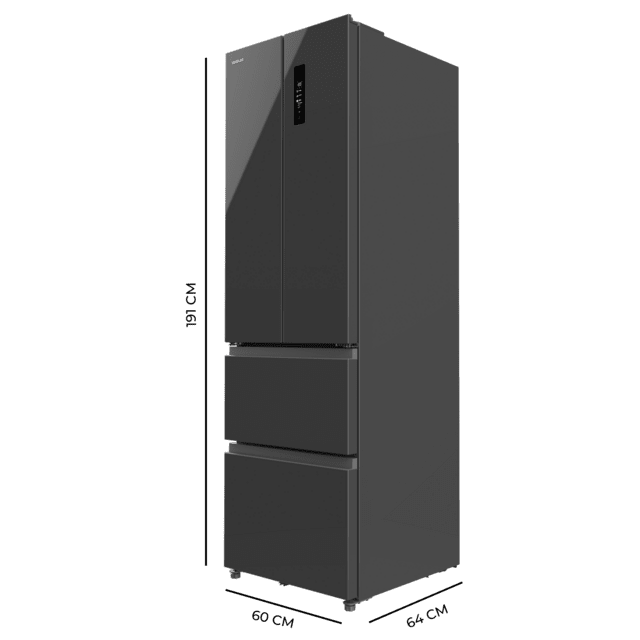 Bolero CoolMarket Combi F2D 400 Grey Glass E Frigorífico Combi French Door 4 Puertas Cristal Gris, Capacidad de 400 Litros, Ancho de 60 cm y alto de 191 cm, Sistema Total NoFrost, Max Inside, Distribución de frío Multi AirFlow, Display Digital Exterior, Clase E, Compresor Inverter de bajo consumo y silencioso, Funciones Fast Cooling, Fast Freezer, Modo ECO, Alarmas puerta abierta, temperatura y fallo de funcionamiento.