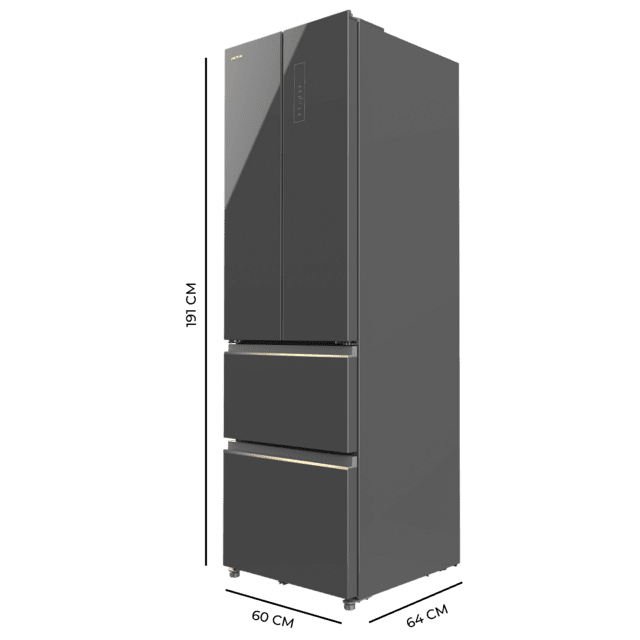 Bolero CoolMarket Combi F2D 400 Grey Glass E Frigorífico Combi French Door 4 Puertas Cristal Gris, Capacidad de 400 Litros, Ancho de 60 cm y alto de 191 cm, Sistema Total NoFrost, Max Inside, Distribución de frío Multi AirFlow, Display Digital Exterior, Clase E, Compresor Inverter de bajo consumo y silencioso, Funciones Fast Cooling, Fast Freezer, Modo ECO, Alarmas puerta abierta, temperatura y fallo de funcionamiento.