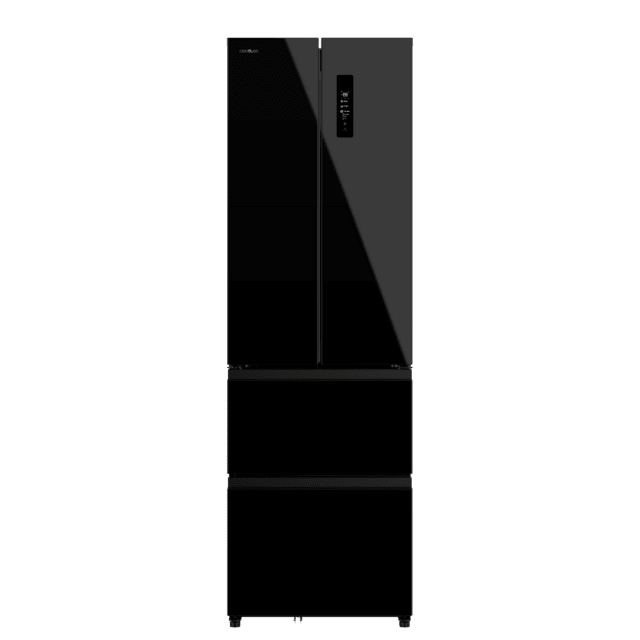 Bolero CoolMarket Combi F2D 400 Black Glass E Frigorífico Combi French Door 4 Puertas Cristal Negro, Capacidad de 400 Litros, Ancho de 60 cm y alto de 191 cm, Sistema Total NoFrost, Max Inside, Distribución de frío Multi AirFlow, Display Digital Exterior, , Cajones para fruta y verdura, Clase E, Compresor Inverter, Funciones Fast Cooling, Fast Freezer, Modo ECO, Alarmas puerta abierta, temperatura y fallo de funcionamiento.