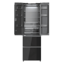 Bolero CoolMarket Combi F2D 400 Black Glass E Frigorífico Combi French Door 4 Puertas Cristal Negro, Capacidad de 400 Litros, Ancho de 60 cm y alto de 191 cm, Sistema Total NoFrost, Max Inside, Distribución de frío Multi AirFlow, Display Digital Exterior, , Cajones para fruta y verdura, Clase E, Compresor Inverter, Funciones Fast Cooling, Fast Freezer, Modo ECO, Alarmas puerta abierta, temperatura y fallo de funcionamiento.