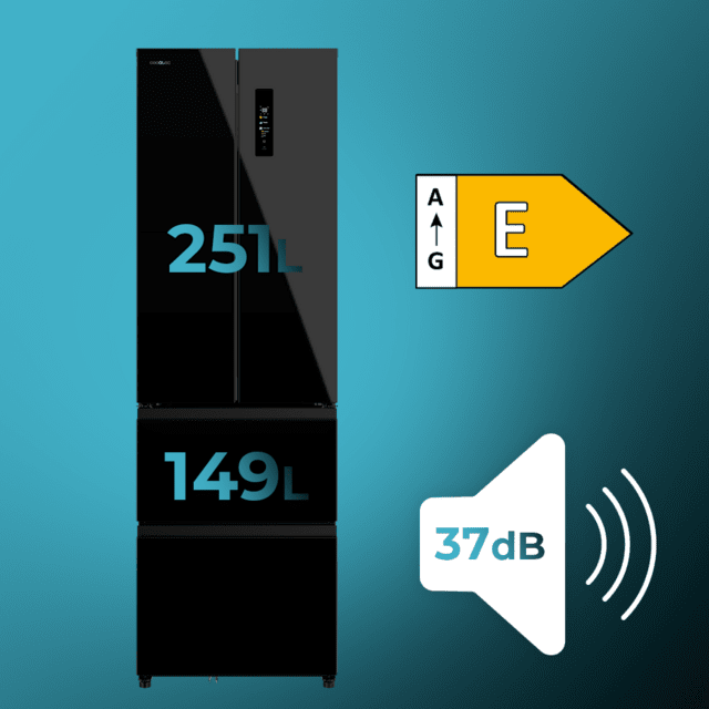 Bolero CoolMarket Combi F2D 400 Black Glass E Frigorífico Combi French Door 4 Puertas Cristal Negro, Capacidad de 400 Litros, Ancho de 60 cm y alto de 191 cm, Sistema Total NoFrost, Max Inside, Distribución de frío Multi AirFlow, Display Digital Exterior, , Cajones para fruta y verdura, Clase E, Compresor Inverter, Funciones Fast Cooling, Fast Freezer, Modo ECO, Alarmas puerta abierta, temperatura y fallo de funcionamiento.