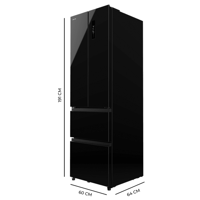 Bolero CoolMarket Combi F2D 400 Black Glass E Frigorífico Combi French Door 4 Puertas Cristal Negro, Capacidad de 400 Litros, Ancho de 60 cm y alto de 191 cm, Sistema Total NoFrost, Max Inside, Distribución de frío Multi AirFlow, Display Digital Exterior, , Cajones para fruta y verdura, Clase E, Compresor Inverter, Funciones Fast Cooling, Fast Freezer, Modo ECO, Alarmas puerta abierta, temperatura y fallo de funcionamiento.