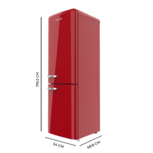 Bolero CoolMarket Combi Origin 231 NF Red E Frigorífico combi retro rojo, 176,5cm alto y 54cm ancho, capacidad 231L, Total No Frost y clase E y con sistema Multi Air Flow. Además, cuenta con el modo Fast Cooling.