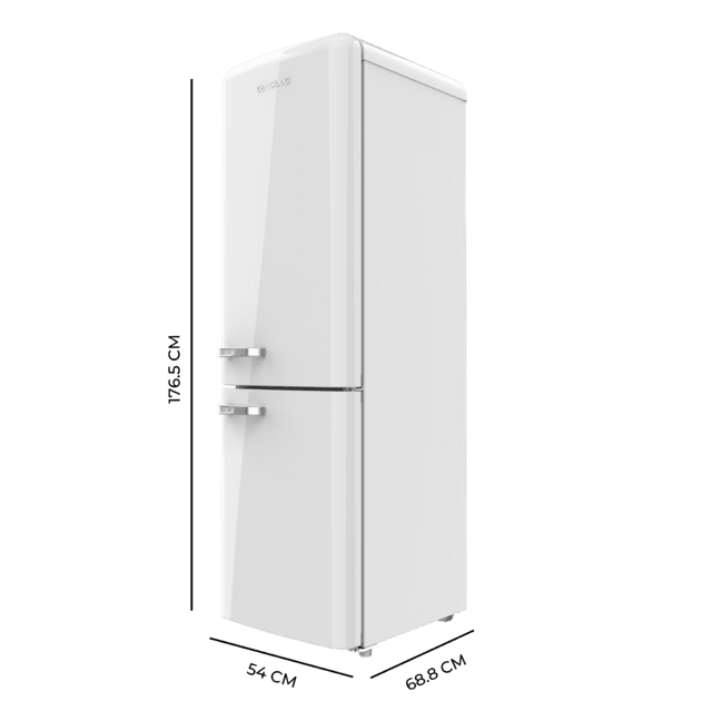 Bolero CoolMarket Combi Origin 231 NF White E Frigorífico combi retro blanco, 176,5cm alto y 54cm ancho, capacidad 231L, Total No Frost y clase E y con sistema Multi Air Flow. Además, cuenta con el modo Fast Cooling.