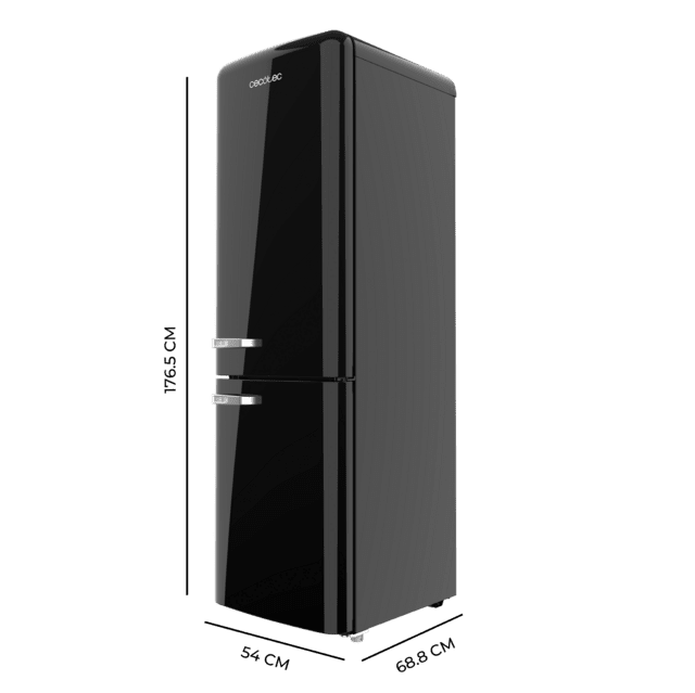 Bolero CoolMarket Combi Origin 231 NF Black E Frigorífico combi retro negro, 176,5cm alto y 54cm ancho, capacidad 231L, Total No Frost y clase E y con sistema Multi Air Flow. Además, cuenta con el modo Fast Cooling.