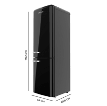 Bolero CoolMarket Combi Origin 231 NF Black E Frigorífico combi retro negro, 176,5cm alto y 54cm ancho, capacidad 231L, Total No Frost y clase E y con sistema Multi Air Flow. Además, cuenta con el modo Fast Cooling.