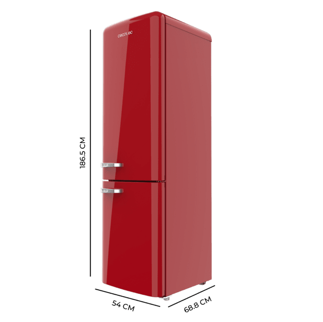 Bolero CoolMarket Combi Origin 250 NF Red E Frigorífico combi retro blanco, 186,5cm alto y 54 cm ancho, capacidad 250L, Total No Frost y clase E y con sistema Multi Air Flow. Además, cuenta con el modo Fast Cooling.