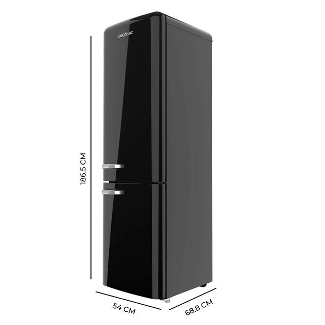 Bolero CoolMarket Combi Origin 250 NF Black E Frigorífico combi retro negro, 186,5cm alto y 54 cm ancho, capacidad 250L, Total No Frost y clase E y con sistema Multi Air Flow. Además, cuenta con el modo Fast Cooling.