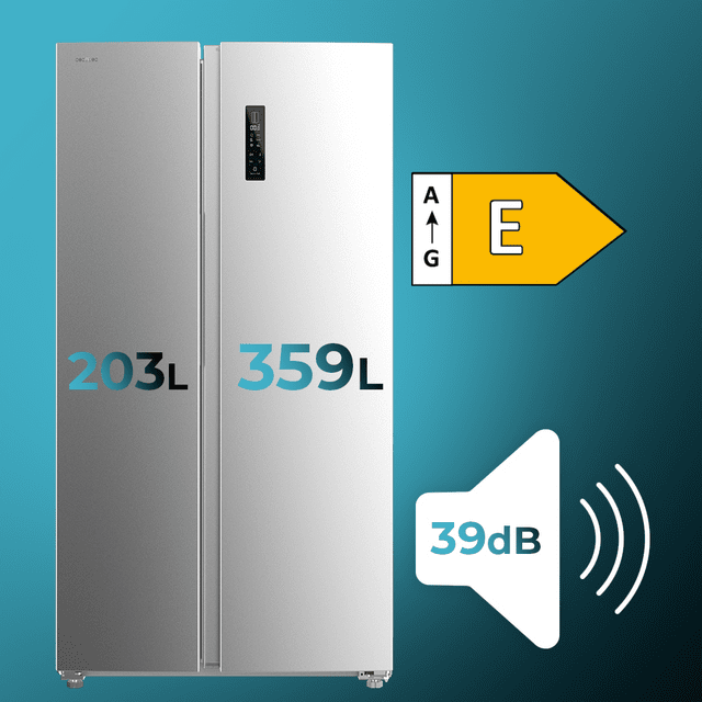 Bolero CoolMarket SBS 562 Inox E Frigorífico americano Side by Side inox, 177cm alto y 91,2cm ancho, con 562L de capacidad, Total No Frost, con compresor Inverter Plus y Sistema Multi AirFlow. Además, cuenta con el modo Fast Cooling y Fast Freezing