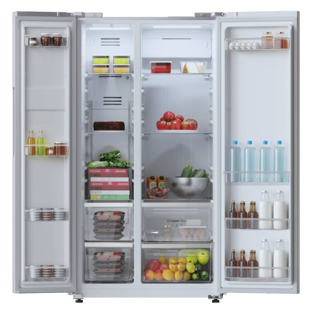 Bolero CoolMarket SBS 562 Inox E Frigorífico americano Side by Side inox, 177cm alto y 91,2cm ancho, con 562L de capacidad, Total No Frost, con compresor Inverter Plus y Sistema Multi AirFlow. Además, cuenta con el modo Fast Cooling y Fast Freezing