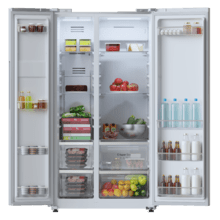 Réfrigérateur américain Side by Side Bolero CoolMarket SBS 562 Inox E en acier inoxydable, de 177 cm de haut et 91,2 cm de large, d'une capacité de 562 L, Total No Frost, avec compresseur Inverter Plus et système Multi AirFlow. De plus, il dispose des modes Refroidissement Rapide et Congélation Rapide.