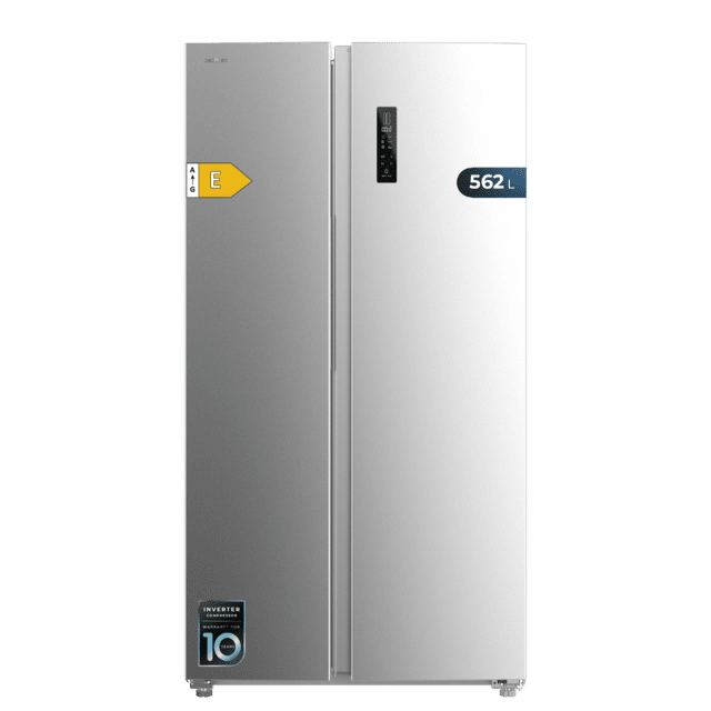 Bolero CoolMarket SBS 562 Inox E Frigorífico americano Side by Side inox, 177cm alto y 91,2cm ancho, con 562L de capacidad, Total No Frost, con compresor Inverter Plus y Sistema Multi AirFlow. Además, cuenta con el modo Fast Cooling y Fast Freezing