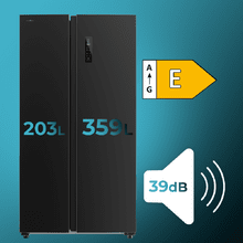 Bolero CoolMarket SBS 562 Dark E Frigorífico americano Side by Side inox oscuro, 177cm alto y 91,2cm ancho, con 562L de capacidad, Total No Frost, con compresor Inverter Plus y Sistema Multi AirFlow. Además, cuenta con el modo Fast Cooling y Fast Freezing