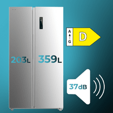 Réfrigérateur américain Side by Side Bolero CoolMarket SBS 562 Inox D en acier inoxydable, de 177 cm de haut et 91,2 cm de large, d'une capacité de 562 L, Total No Frost, avec compresseur Inverter Plus et système Multi AirFlow. De plus, il dispose des modes Refroidissement Rapide et Congélation Rapide.