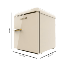 Bolero CoolMarket TT Origin 45 Beige E Mini-frigorífico de mesa retro bege com 55 cm de altura e 44,7 cm de largura com capacidade de 45 L, classe energética E, IceBox e pega Gold.