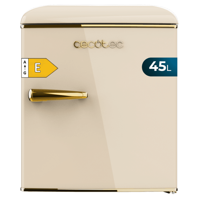 Bolero CoolMarket TT Origin 45 Beige E Mini-frigorífico de mesa retro bege com 55 cm de altura e 44,7 cm de largura com capacidade de 45 L, classe energética E, IceBox e pega Gold.