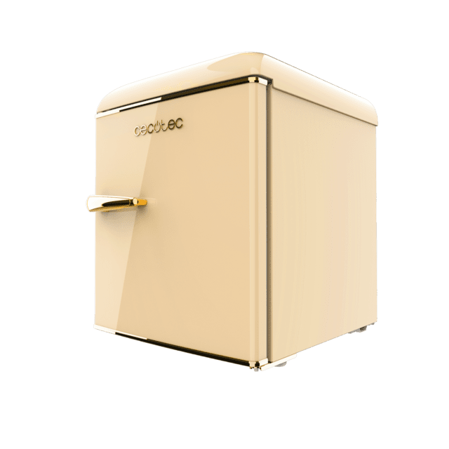 Bolero CoolMarket TT Origin 45 Beige E Mini-frigorífico de mesa retro bege com 55 cm de altura e 44,7 cm de largura com capacidade de 45 L, classe energética E, IceBox e pega Gold.