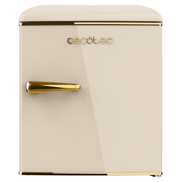 Bolero CoolMarket TT Origin 45 Beige E Mini-frigorífico de mesa retro bege com 55 cm de altura e 44,7 cm de largura com capacidade de 45 L, classe energética E, IceBox e pega Gold.