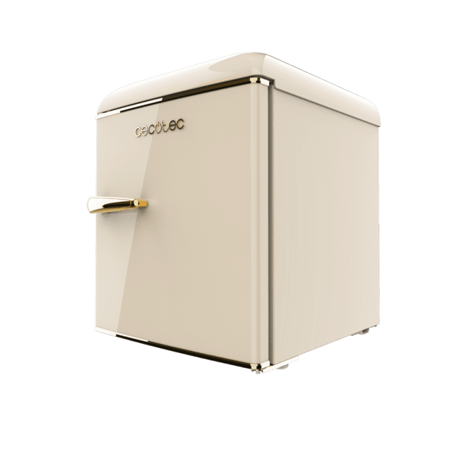 Bolero CoolMarket TT Origin 45 Beige E Mini-réfrigérateur rétro beige de 55 cm de hauteur et 44,7 cm de largeur avec une capacité de 45 litres, classe énergétique E, Icebox et poignée chromée dorée.