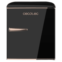 Bolero CoolMarket TT Origin 45 Black E Mini frigorífico retro sobremesa negro de 55cm de alto y 44,7cm de ancho con capacidad de 45L, clase energética E, Icebox y tirador cromado gold rose.