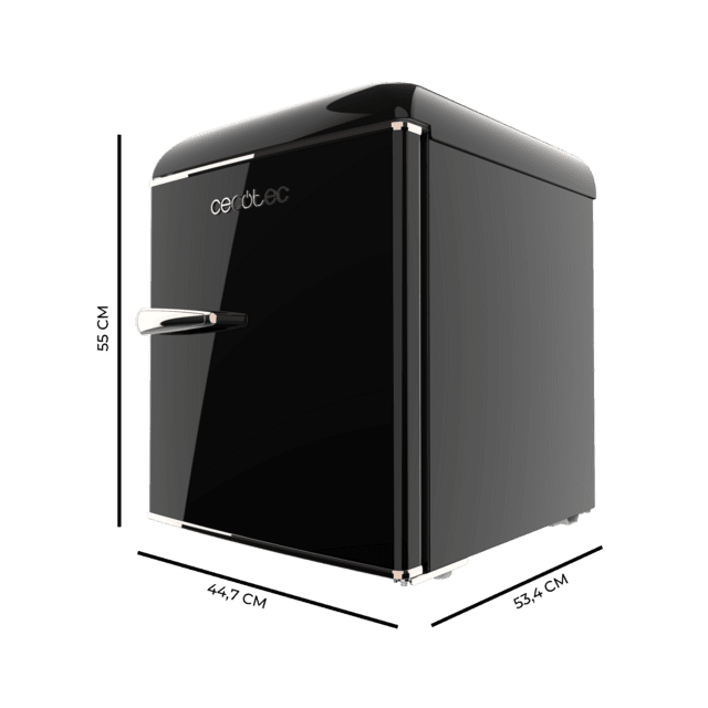 Bolero CoolMarket TT Origin 45 Black E Mini frigorífico retro sobremesa negro de 55cm de alto y 44,7cm de ancho con capacidad de 45L, clase energética E, Icebox y tirador cromado gold rose.