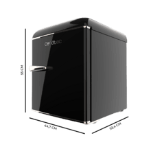 Bolero CoolMarket TT Origin 45 Black E Mini frigorífico retro sobremesa negro de 55cm de alto y 44,7cm de ancho con capacidad de 45L, clase energética E, Icebox y tirador cromado gold rose.
