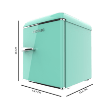 Bolero CoolMarket TT Origin 45 Green E Mini-frigorífico de mesa retro verde com 55 cm de altura e 44,7 cm de largura com capacidade de 45 L, classe energética E, IceBox e pega cromada.