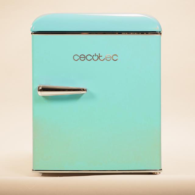 Bolero CoolMarket TT Origin 45 Green E Mini-frigorífico de mesa retro verde com 55 cm de altura e 44,7 cm de largura com capacidade de 45 L, classe energética E, IceBox e pega cromada.