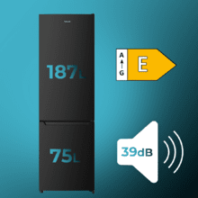 Bolero CoolMarket Combi 262 Black E Frigorífico Combi Cíclico Color Negro, Capacidad de 262 Litros, Alto 176 cm, Ancho 54 cm, Clasificación Energética E, Iluminación Interior LED, Control Electrónico de temperatura, Bandejas de Cristal.