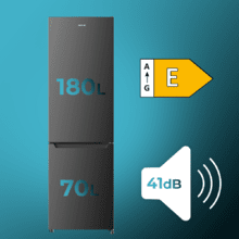 Bolero CoolMarket Combi 250 Dark E Frigorífico combinado em aço inox Dark, 180cm de altura e 55cm de largura, com capacidade de 250 litros, Total No Frost, classe energética E e com sistema Multi Air Flow. Além disso, possui modo Fast Cooling e gaveta Humidity Box com regulagem de umidade, além de alarmes de porta aberta e mau funcionamento.