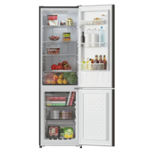 Bolero CoolMarket Combi 250 Dark E Frigorífico combinado em aço inox Dark, 180cm de altura e 55cm de largura, com capacidade de 250 litros, Total No Frost, classe energética E e com sistema Multi Air Flow. Além disso, possui modo Fast Cooling e gaveta Humidity Box com regulagem de umidade, além de alarmes de porta aberta e mau funcionamento.