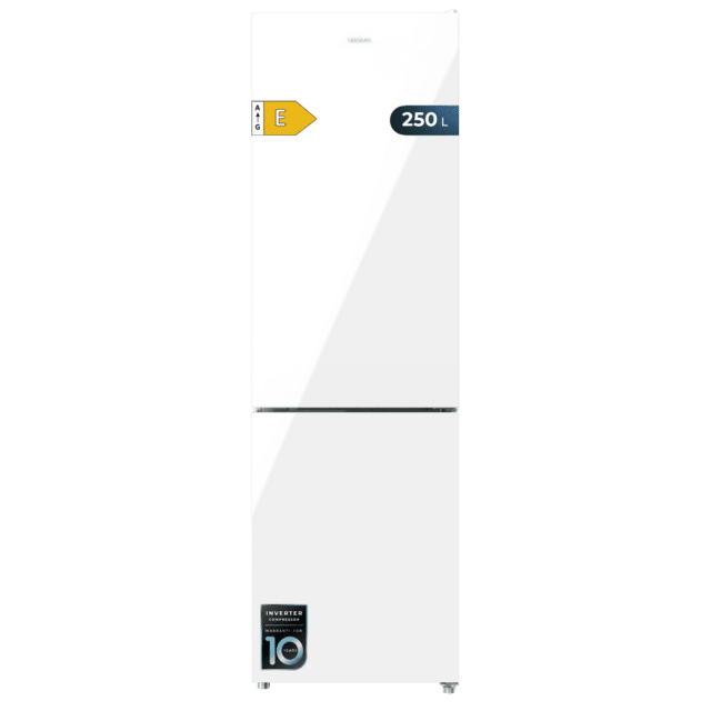 Bolero CoolMarket Combi 250 White Glass E Frigorífico combi cristal blanco, 180cm de alto y 55 cm de ancho, con 250 litros de capacidad, Total No Frost, clase energética E y con sistema Multi Air Flow. Además, cuenta con el modo Fast Cooling y cajón Humidity Box con regulación de humedad así como alarmas de puerta abierta y fallo de funcionamiento.