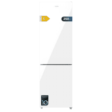 Bolero CoolMarket Combi 250 White Glass E Frigorífico combi cristal blanco, 180cm de alto y 55 cm de ancho, con 250 litros de capacidad, Total No Frost, clase energética E y con sistema Multi Air Flow. Además, cuenta con el modo Fast Cooling y cajón Humidity Box con regulación de humedad así como alarmas de puerta abierta y fallo de funcionamiento.