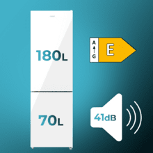 Bolero CoolMarket Combi 250 White Glass E Frigorífico combi cristal blanco, 180cm de alto y 55 cm de ancho, con 250 litros de capacidad, Total No Frost, clase energética E y con sistema Multi Air Flow. Además, cuenta con el modo Fast Cooling y cajón Humidity Box con regulación de humedad así como alarmas de puerta abierta y fallo de funcionamiento.